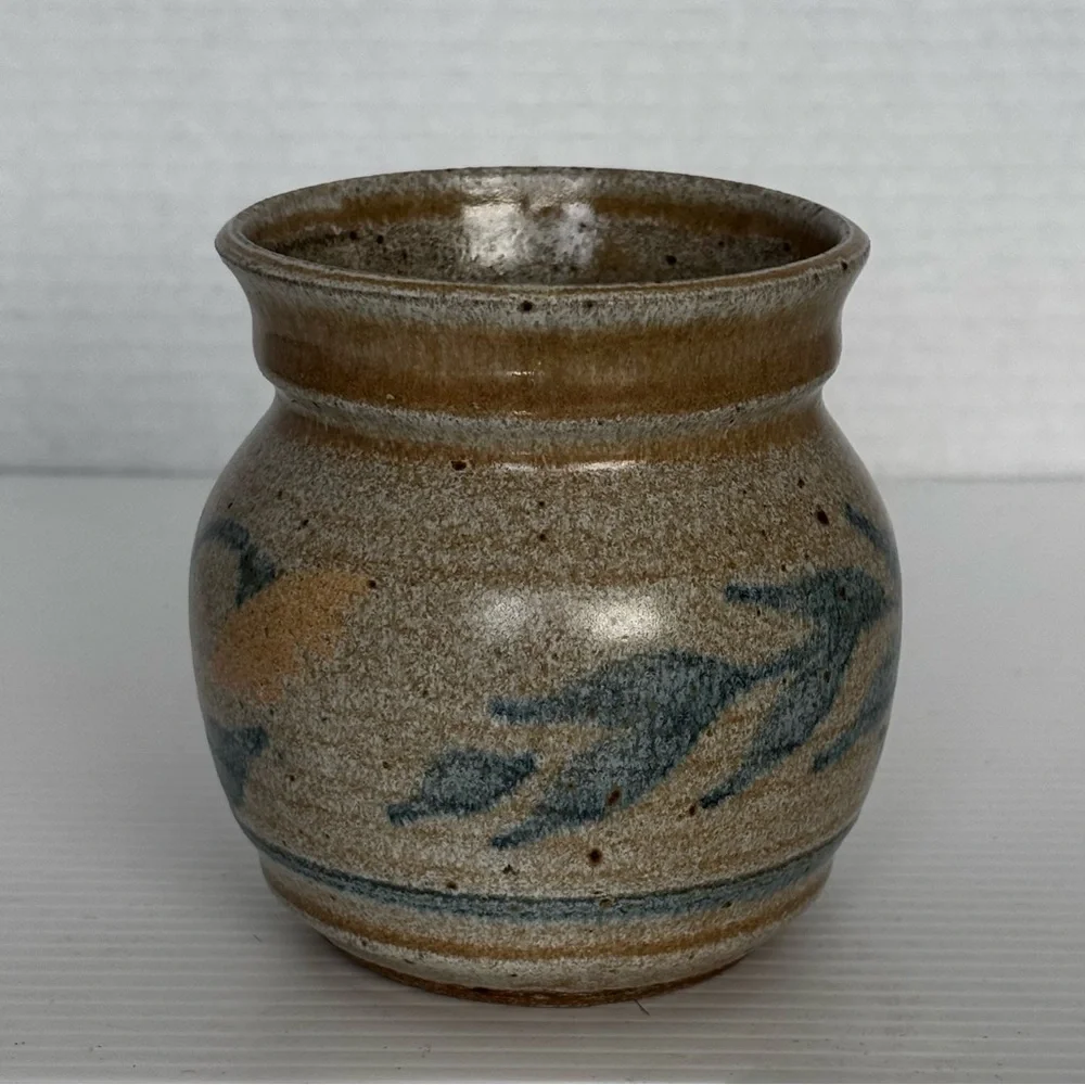 Artist Signed Studio Pottery Vase Pot Brown Teal Yellow Stripes 4x3.5”